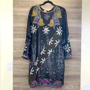 Pucci’s vintage black gold white pink blue floral sequin beaded cocktail dress